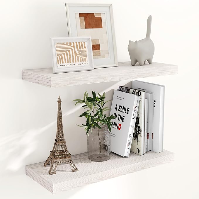 Fun Memories 24 Inch Floating Shelves for Wall, 9.3 Deep Wall Shelves for Home Decor & Storage, 24x9.3x1.5 Large Wooden Shelf with Heavy-Duty Bracket, Deep Shelf for Kitchen, Living Room, Brich Color