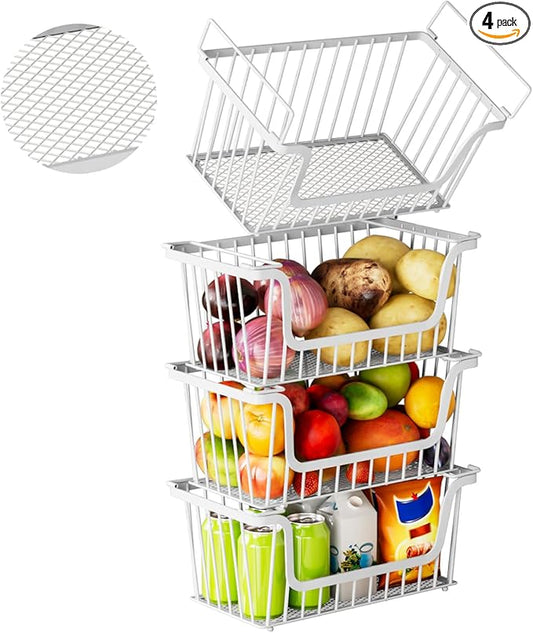 Enhanced Leak-Proof Bottom Stackable Wire Baskets, 4 Pack Pantry Organizers and Storage, Pantry Storage，Shelf Baskets, Fruit Basket, Potato and Onion Storage Bins，(White)