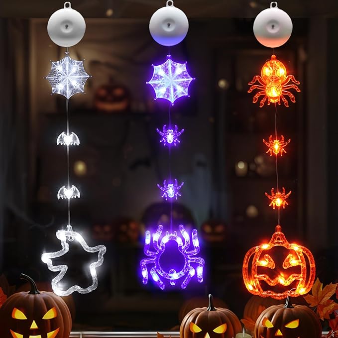 suddus 3 Pack Halloween Window Lights with Suction Cup- Battery Operated Lights Indoor with Timer - Orange Pumpkin, Purple Spider & White Ghost Decorations for Party, Room, Window, Door, Wall, Indoor