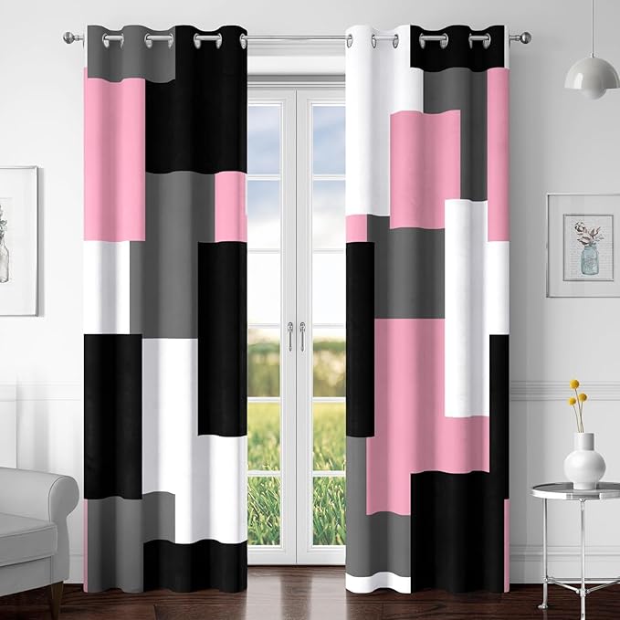 Pink 100% Blackout Curtains for Bedroom 96 inch Length 2 Panels Set White Grey Modern Abstract Geometric Black Out Curtains Insulated Room Darkening Window Drapes for Girls Living Room, 52Wx96L