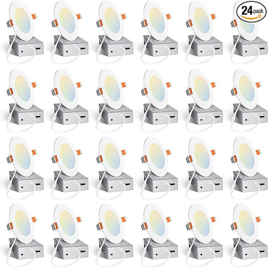 Amico 24 Pack 4 Inch 5CCT Ultra-Thin LED Recessed Ceiling Light with Junction Box, 2700K/3000K/3500K/4000K/5000K Selectable, 10W Eqv 60W, Dimmable Can Light, 800LM High Brightness Downlight - ETL&FCC