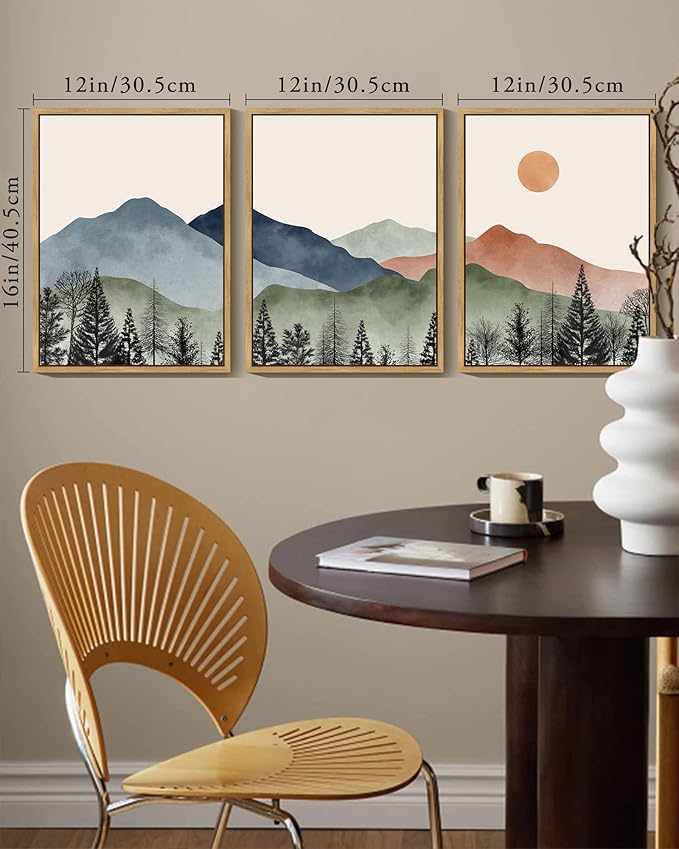 KUVIOKE Mountain Landscape Framed Wall Decor Boho Sun Rise Watercolor Nature Art Prints Farmhouse Rustic Bedroom Dining Living Room Decor 12x16in (Natural Framed)