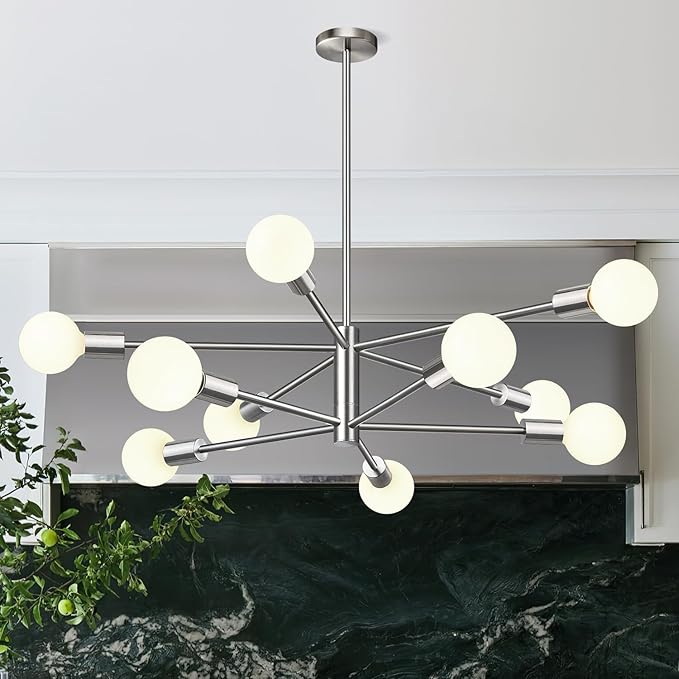 Sputnik Chandeliers Dining Room Light Fixture (10-Light, 33-Inch), Modern Nickel Chandelier, Height Adjustable Mid Century Modern Chandeliers for Living Room Entryway Hallway