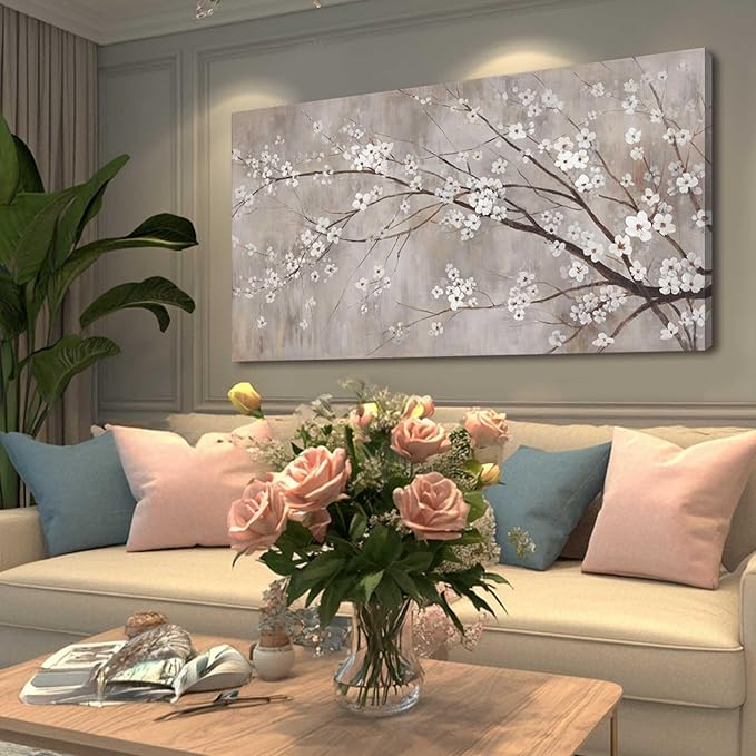 XIANSHOU White Wall Decor Flower Wall Art Canvas Prints Wall Decorations Plum Blossom Modern Artwork Floral Wall Pictures for Bedroom Dining Room Living Room 24”x48”