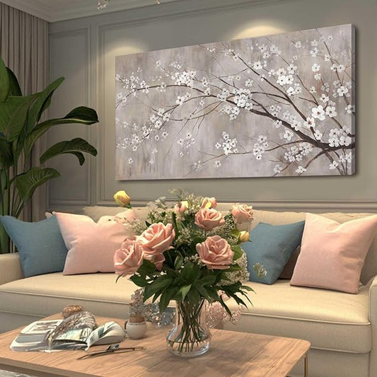 XIANSHOU White Wall Decor Flower Wall Art Canvas Prints Wall Decorations Plum Blossom Modern Artwork Floral Wall Pictures for Bedroom Dining Room Living Room 24”x48”