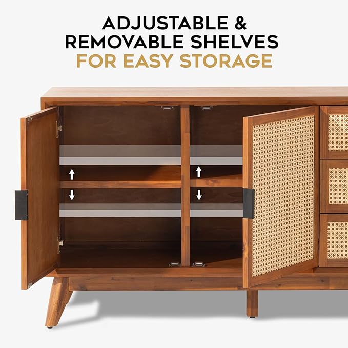 Bme Rattan Pre-Assembled Buffet Sideboard with 3 Drawers & 2 Doors, 58" Accent Console Table Living Room, Kitchen, Dining, Dark Chocolate, Jasper Storage Cabinet