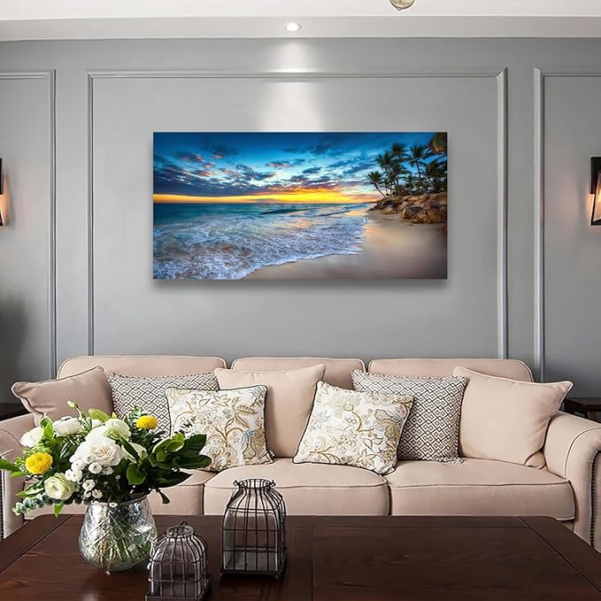 Beach Sunset Pictures Canvas Wall Art For Living Room Bedroom Wall Decor,Sunset Wall Art Print Paitnings for Home Decor,Morden Artwork Palm Coconut Tree Canvas Art Ready to Hang-24x48 Inches