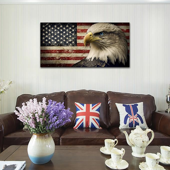 American Flag Canvas Wall Art - Flag of USA with Eagle Pictures for Wall Decor Patriotic Canvas Printing Artwork Vintage Rustic Design for Living Room Home Office Wall Decoration 24" x 48"