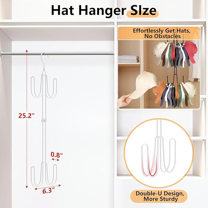 Hat Hangers for Closet, 1 Pack Stainless Steel Hat Organizer, Hat Racks for Baseball Caps, Cap Organizer for Baseball Caps, White