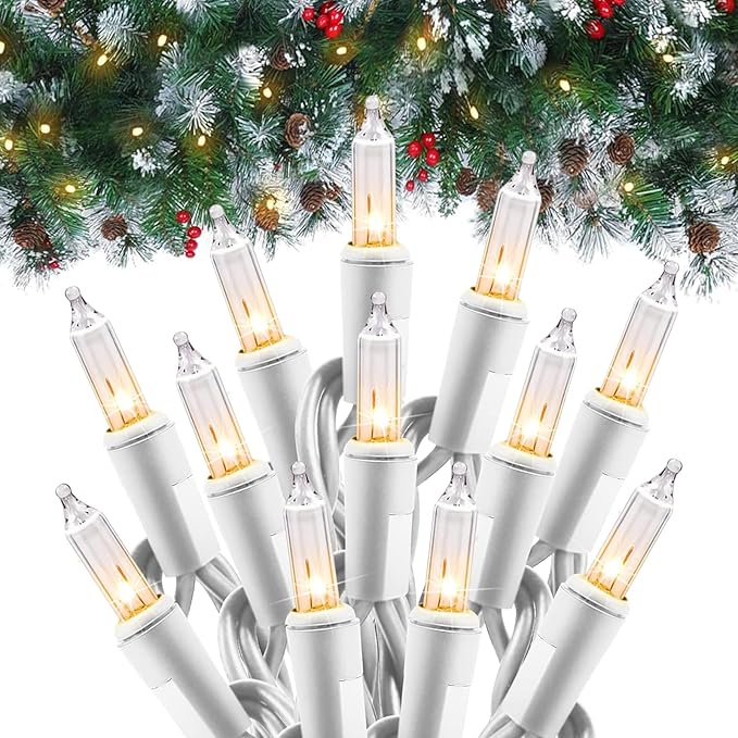 Minetom Clear Christmas Lights Set 100 Count 25 Feet Incandescent Bulb Mini String Lights for Indoor Christmas Tree Garland Birthday Wedding Party Festival Decoration, White Wire