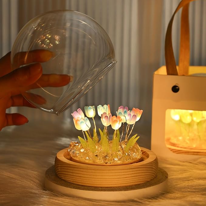 ONXE Birthday Flower Gifts for Mom,Tulips Night Light Small Glass Flower Lamp with Wooden Base for Home Decor Romantic Unique Christmas Gift for Women Girlfriend Sister Grandma Wife Her