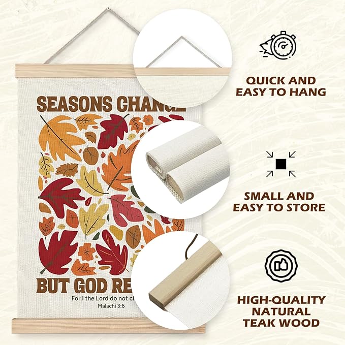 Supwhd Christian Fall Wall Art with Wooden Poster Hanger, Fall Wall Decor, Fall Posters, Farmhouse Autumn Harvest Thanksgiving Wall Art Decor, Fall Home Decor, Seasons Change God Remains 12x16