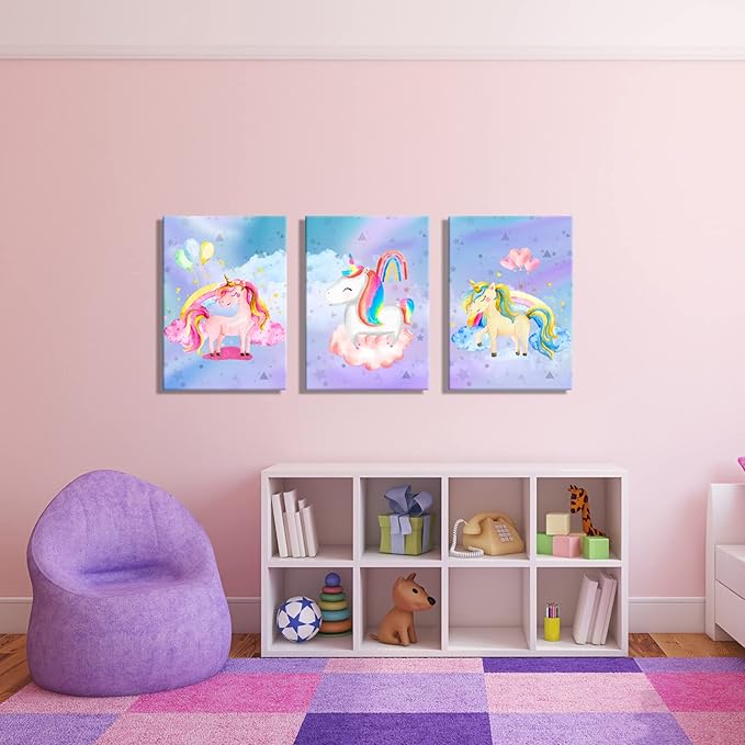 YUANAND Unicorn Wall Art Girl's Bedroom Decor - Rainbow Canvas Pictures for Kids Nursery Home Decor - Watercolor Framed Posters Paintings