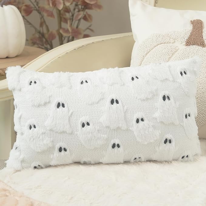 GEEORY Halloween Ghost Soft Plush Pillow Covers, 12 x 20 Inch Set of 2, Fluffy Faux Fur Wool Decorative Farmhouse Cushion Case for Sofa Home Decoration White GC026-12