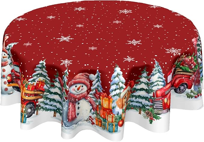 Kawani Christmas 60 Inch Round Tablecloth Red Snowman Round Table Cloth Decor for Home Xmas Truck Decorative Dining Table Cover for Winter Holiday Farmhouse Party Picnic Decor