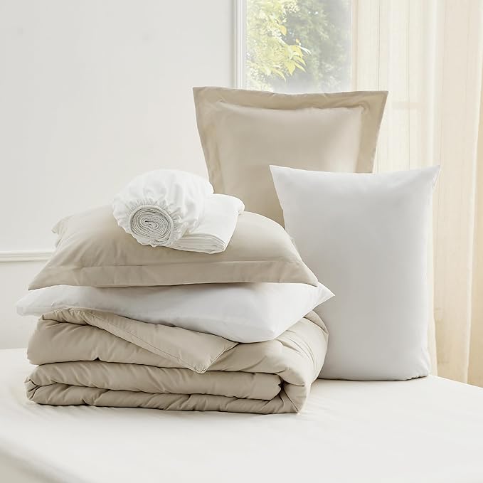 Bedsure Full Size Comforter Set - 7 Pieces Beige Full Bedding Set for All Seasons, Boho Contrasting Design Bed in a Bag with Comforter, Sheets, Pillowcases & Shams