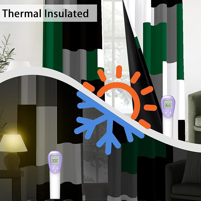 Green 100% Blackout Curtains for Bedroom 84 inch Length 2 Panels Set White Grey Modern Abstract Geometric Black Out Curtains Insulated Room Darkening Window Drapes for Living Room, 42Wx84L