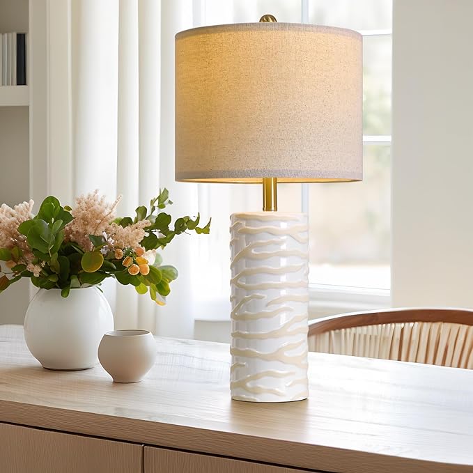 PoKat 26.75" Ceramic Table Lamp, Modern White Lamp for Living Room, Bedroom, Night Stands, Farmhouse Bedside Nightstand End Table Lamp