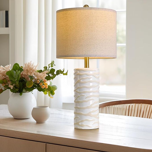 PoKat 26.75" Ceramic Table Lamp, Modern White Lamp for Living Room, Bedroom, Night Stands, Farmhouse Bedside Nightstand End Table Lamp