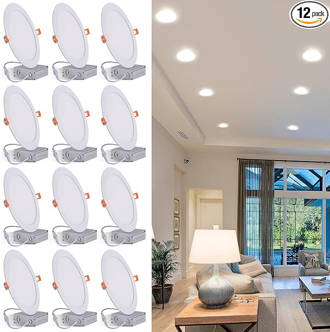 8 Inch LED Recessed Light with Junction Box, 12Pack Ultra Thin LED Recessed Lighting.6000K Daylight, No Dimmable, 18W 8" Recessed Ceiling Canless Wafer Downlight.Slim Can-Killer Lights,CRI80+