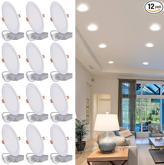 8 Inch LED Recessed Light with Junction Box, 12Pack Ultra Thin LED Recessed Lighting.6000K Daylight, No Dimmable, 18W 8" Recessed Ceiling Canless Wafer Downlight.Slim Can-Killer Lights,CRI80+