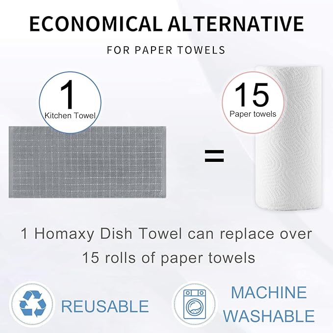 Homaxy 100% Cotton Terry Kitchen Towels(Grey, 13 x 28 inches), Checkered Designed, Soft and Super Absorbent Dish Towels, 6 Pack