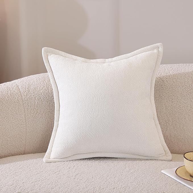 AVOIN colorlife White Chenille Throw Pillow Covers 18 x 18 Inch Set of 2, Soft Cozy Bound Edge Design Home Decor Cushion Case for Living Room Bed Sofa Coach