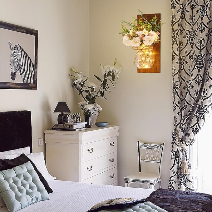 Rustic Wall Sconces Mason Jar Sconces Handmade Wall Art Hanging Design with Remote Control LED Fairy Lights and White Peony,Christmas Decor Gift Farmhouse Wall Home Decor Living Room Lights Set of Two