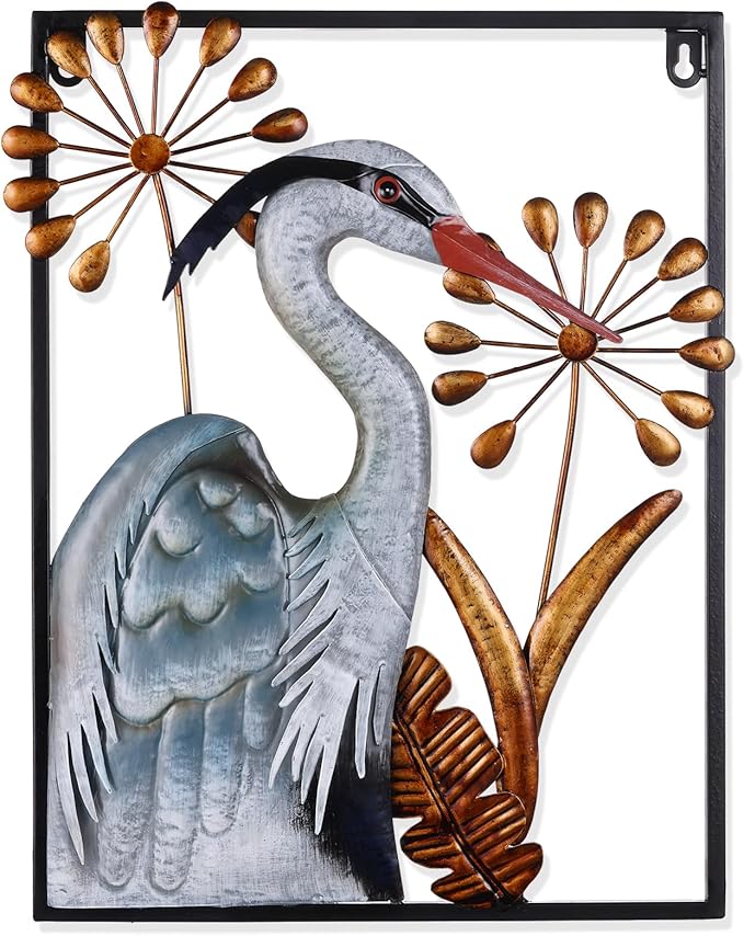 Ratuor Metal Bird Wall Art 3D Heron Wall Sculpture 16 Inch Outdoor Decor Hanging Crane Wall Decoration for Living Room Garden Bedroom Office Home Housewarming Party Vivid Color