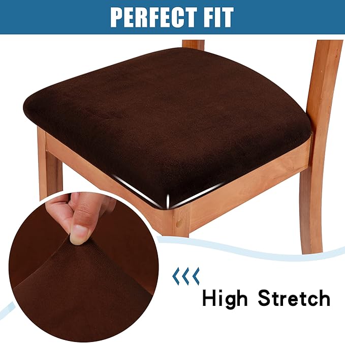 Smiry Velvet Seat Covers for Dining Room Chair Set of 4, Stretch Fit Removable Washable Chair Seat Cushion Protector Slipcovers with Ties, Coffee