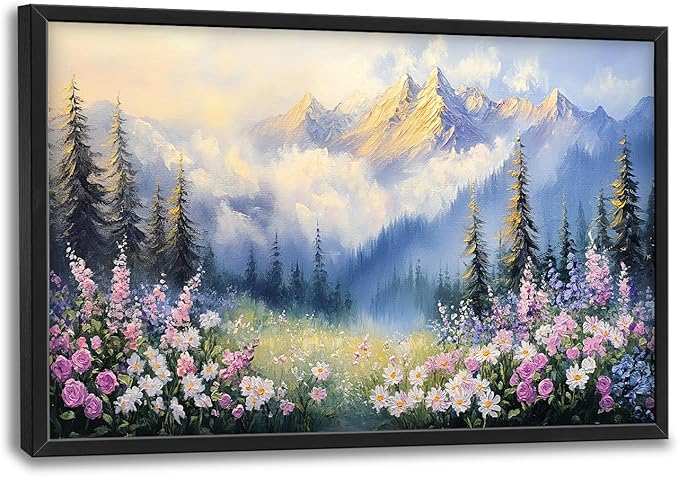 Framed Large Wall Art for Living Room, Forest Mountain Canvas Wall Decor, Flowers Tree Pictures Painting, Modern Landscape Artwork for Bedroom Office 36L'' × 24W''