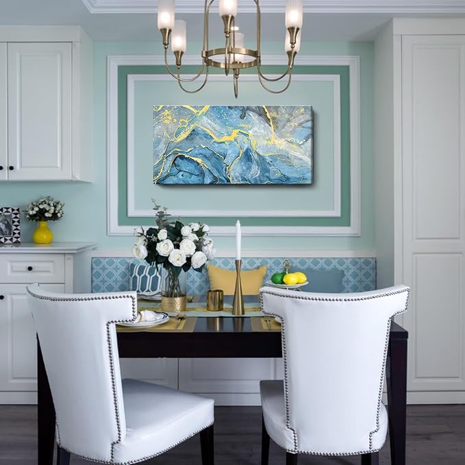 Canvas Wall Art Abstract Seascape Painting Blue Ocean Beach Theme Print Black and Yellow Fluid Texture Coastal Picture Sea Wave Natural Landscape Modern Artwork for Home Bedroom 20x40inch