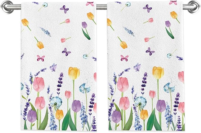 Seasonal Spring Summer Kitchen Towels Dish Towels Set of 2,Lavender Tulip Hand Towels 18x28 Inch Drying Dishcloth,Summer Holiday Dish Towels for Kitchen Bathroom Home Decor Housewarming Gifts