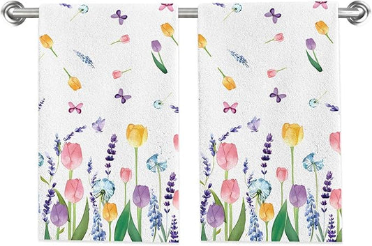 Seasonal Spring Summer Kitchen Towels Dish Towels Set of 2,Lavender Tulip Hand Towels 18x28 Inch Drying Dishcloth,Summer Holiday Dish Towels for Kitchen Bathroom Home Decor Housewarming Gifts