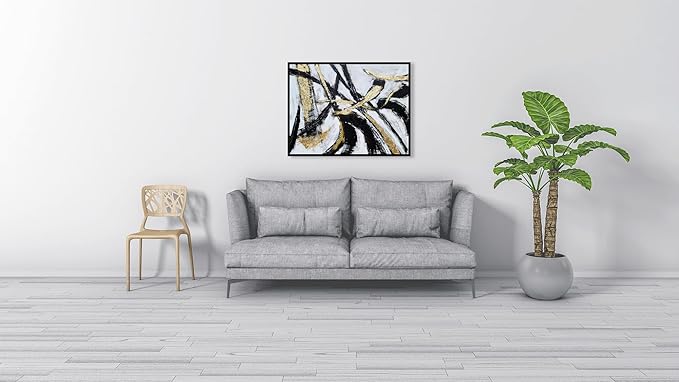 Yihui Arts Black White Canvas Wall Art - Hand Painted Modern Abstract Oil Painting with Gold Foil and Floating Frame