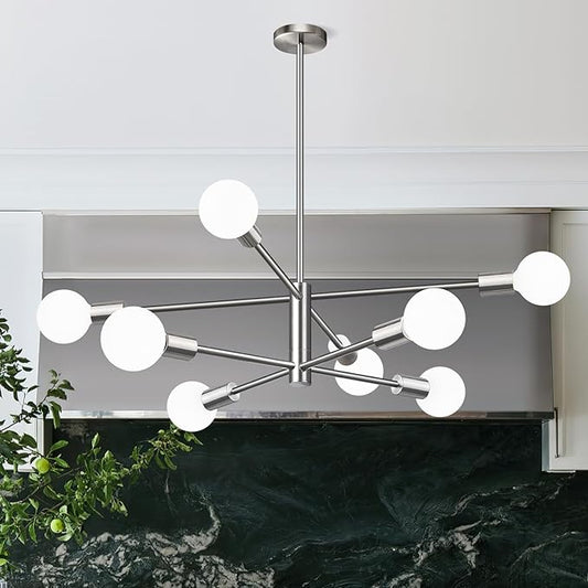 Sputnik Chandeliers Dining Room Light Fixture (8-Light, 30-Inch), Modern Nickel Chandelier, Height Adjustable Mid Century Modern Chandeliers for Dining Room Kitchen Island