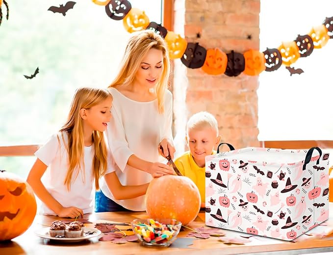 CLOCOR Rectangular Storage Basket Empty, Gift Basket for Halloween, Waterproof Storage Bin with Handles, Room Decor(Pink Bowknot Ghost)