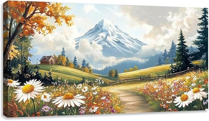 Mountain Canvas Wall Art Wall Decor Large Wildflowers Landscape Wall Art Poster Pictures Painting for Living Room for Bedroom Home Framed Farmhouse Decorations Artwork 48L x 24W