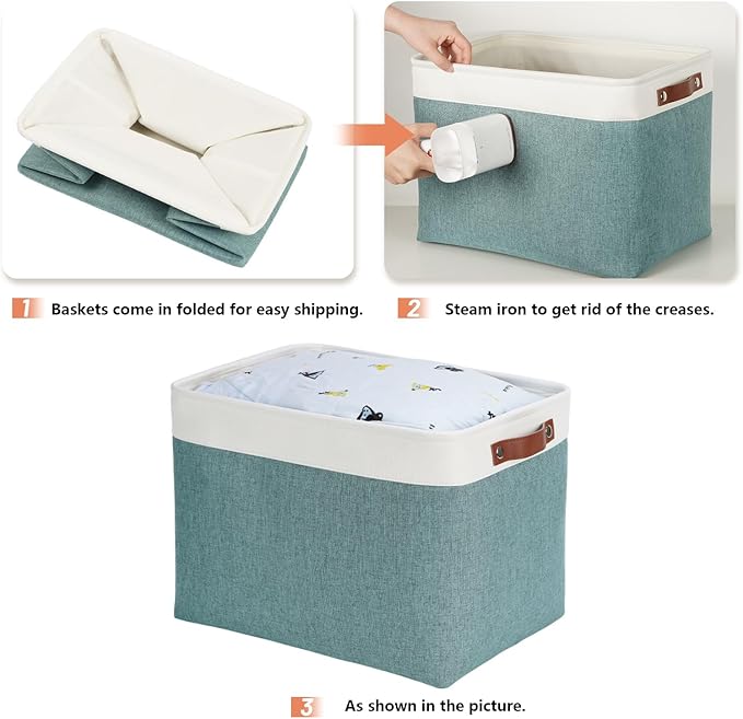 DULLEMELO Large Storage Baskets, Storage Basket with Handles for Shelves, Linen Closet Organizers for Home Office, Decorative Storage Baskets for Toys Storage (3 Pack, White&Deep Green)