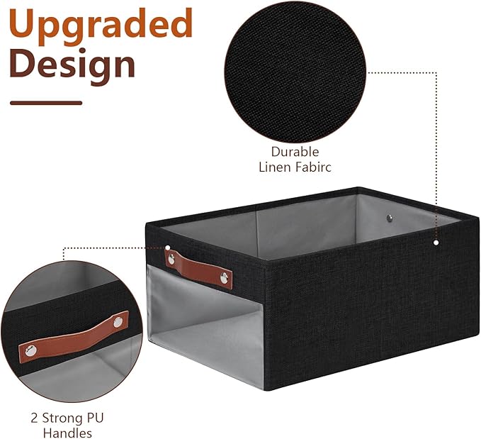 Medium Storage Baskets with Clear Window, See Through Closet Organizer with PU Handles, Linen Foldable Storage Bins for Organizing Clothes, Toys, Books (Black)