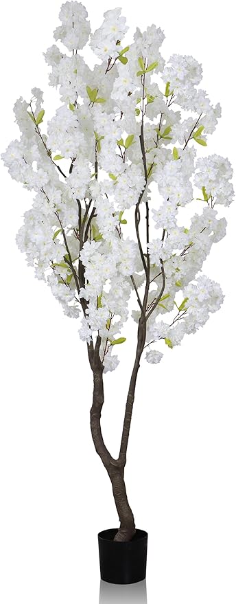 Faux White Cherry Blossom Tree 6.5ft(84in)Tall Artificial Plant Indoor Decor Handmade Natural Fake White Flower Tree for Wedding Realistic Cherry Plant in Pot for Home Living Room,Office Decor.