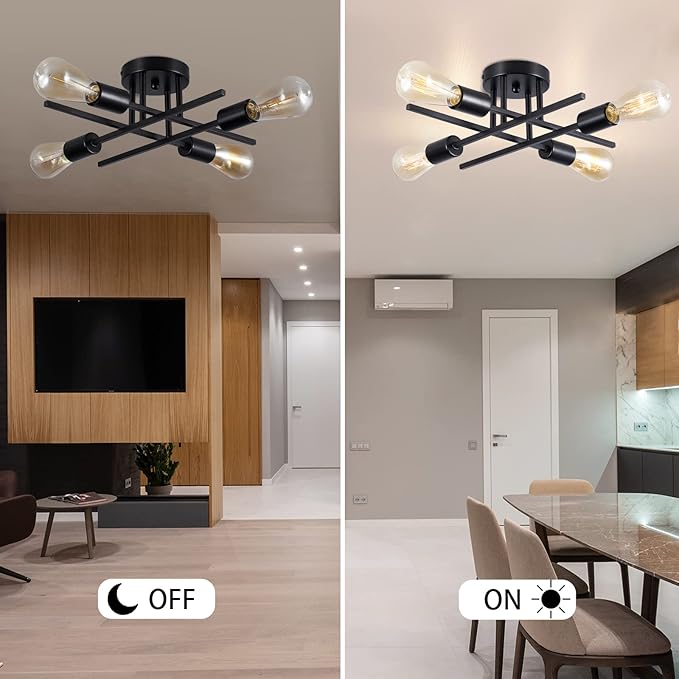 Sputnik Chandeliers, Modern Semi Flush Mount Ceiling Light with E26 Base, Mid Century Industrial Kitchen Farmhouse Light Fixtures for Bedroom Living Room (Black, Ceiling 4 Lights)
