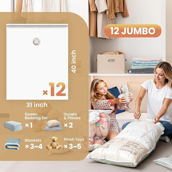 TAILI 12 Pack Vacuum Storage Bags, Jumbo Vacuum Seal Bags for Clothing (40x31 Inch), Space Saver for Bulky Comforter Blankets, Bedding, Pillows, Clothes, Saving More Closet Space
