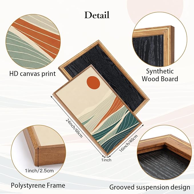 CHDITB Coastal Wave Framed Canvas Wall Art Set, Panoramic Minimalist Sea Wall Decor, Sun Ocean Waves Line Art Wall Painting, Modern Blue Art Prints for Living Room, Beach House Decor 16"x24"x3