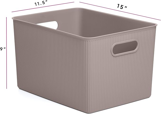Superio Ribbed Collection - Decorative Plastic Lidded Home Storage Bins Organizer Baskets, X-Large Taupe (1 Pack - 22 Liter) Stackable Container Box, for Organizing Closet Shelves Drawer Shelf