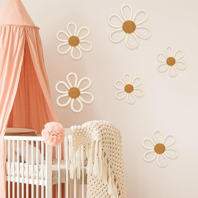 Barydat 6 Pcs Boho Nursery Decor Daisy Flower Woven Macrame Wall Hanging 3 Size Daisy Flower Wall Decor Bohemian Nursery Decorations for Home Dorm Art(White)