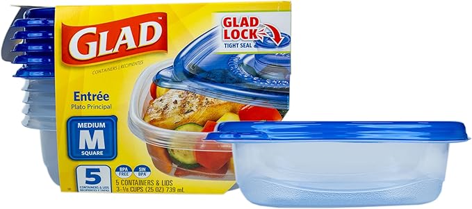 Glad GladWare Entrée Food Storage Containers, Medium Square - Meal Container Holds up to 25 Ounces of Food - Lock Tight Seal, 5 Count