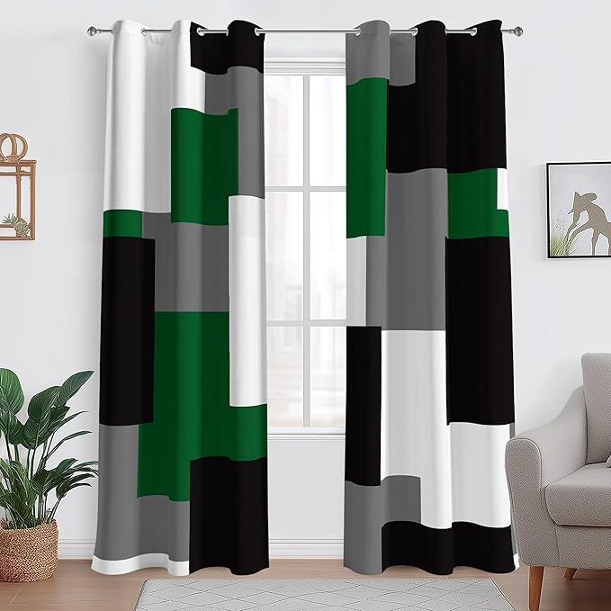 Green 100% Blackout Curtains for Bedroom 96 inch Length 2 Panels Set White Grey Modern Abstract Geometric Black Out Curtains Insulated Room Darkening Window Drapes for Living Room, 42Wx96L