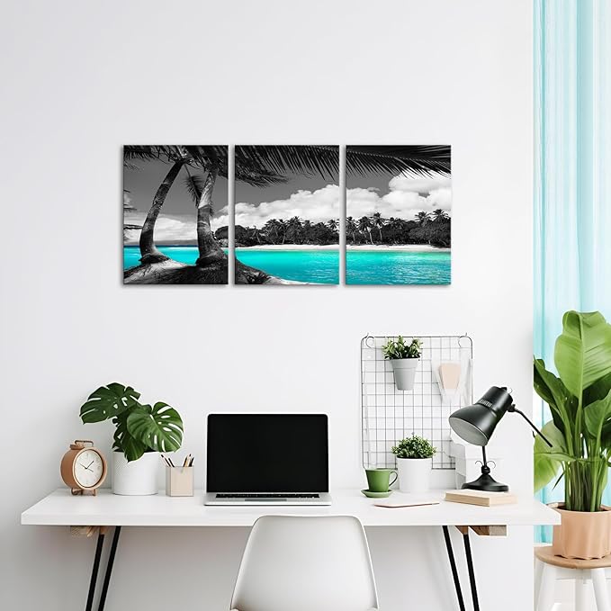 SkenoArt 3 Panels Teal Canvas Wall Art Black and White Hawaii Beach Pictures Tropical Palm Tree Artwork Giclee Prints for Bathroom Office Wall Decoration Framed Ready to Hang Each Piece 12"x16"