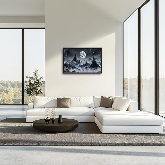 Olivine Mountain Large Wall Art, Moon Pictures Wall Decor, Nature Landscape Paintings, Night Mountains Canvas Prints, Framed Artwork for Dining Room Bedroom Living Room Office Bathroom Home 36"x24"